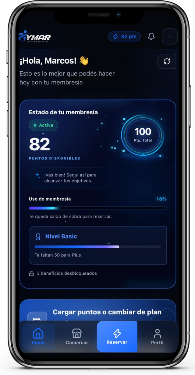 Pantalla de inicio de GYMAR: membresía activa, 82 puntos disponibles de 100, el uso del mes y el nivel del plan